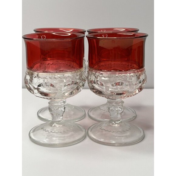 Set Of 4 Vintage Kings Crown Ruby Red Flash Thumbprint Water/Wine Goblets 4.25” - Picture 1 of 8